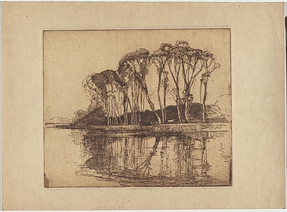 Artist: LONG, Sydney | Title: Reflections, Avoca | Date: (1928) | Technique: line-etching, printed in brown ink from one zinc plate | Copyright: Reproduced with the kind permission of the Ophthalmic Research Institute of Australia