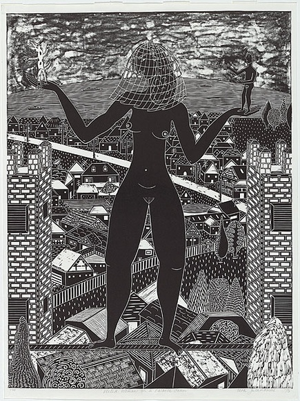 Artist: b'Zulumovski, Vera.' | Title: b'Veiled woman on a balance beam' | Date: 1996 | Technique: b'linocut printed in black ink, from one block'