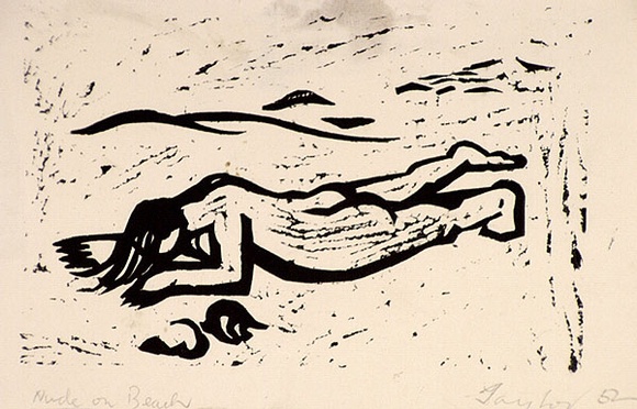 Artist: b'Taylor, John H.' | Title: b'Nude on beach' | Date: 1952 | Technique: b'linocut, printed in black ink, from one block'