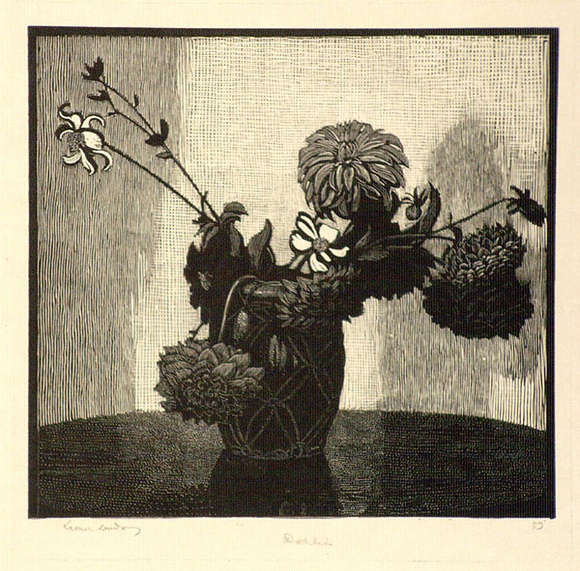 Artist: b'LINDSAY, Lionel' | Title: b'Dahlias' | Date: 1925 | Technique: b'wood-engraving, printed in black ink, from one block' | Copyright: b'Courtesy of the National Library of Australia'