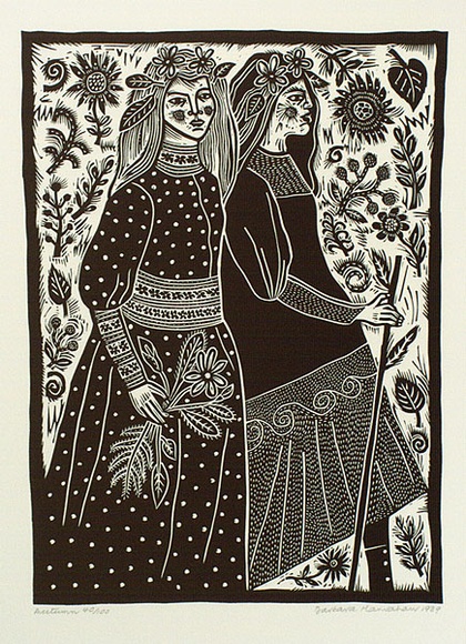 Artist: b'HANRAHAN, Barbara' | Title: b'Autumn.' | Date: 1989 | Technique: b'linocut, printed in black ink, from one block'