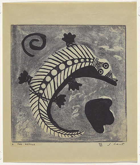 Artist: b'Cant, James.' | Title: b'The reptile' | Date: 1948 | Technique: b'cliche-verre, printed in blue pigment, from one hand-drawn glass plate'