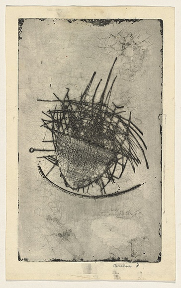 Title: b'not titled [shape reminiscent of boat with cross hatched lines]' | Date: c.1962 | Technique: b'etching and lavis, printed in black ink, from one copper plate'