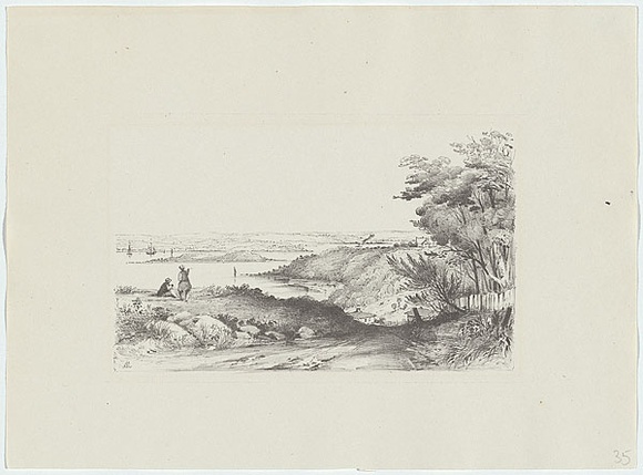 Artist: b'Martens, Conrad.' | Title: b'Port of Port Jackson with Garden Island, from near the church, Darling Point.' | Date: 1850-59 | Technique: b'lithograph, printed in black ink, from one stone'