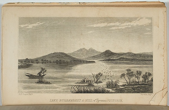 Artist: b'Cooper, D.E.' | Title: b'Lake Burrambeet and hill near Pyrenees, Victoria.' | Date: 1851 | Technique: b'engraving, printed in black ink, from one copper plate'