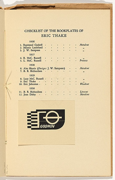 Artist: b'Thake, Eric.' | Title: b'Bookplate: George Godwin.' | Date: 1935 | Technique: b'wood-engraving, printed in black ink, from one block'