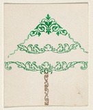 Title: Card: Christmas tree | Technique: screenprint, printed in green and gold, from two stencils