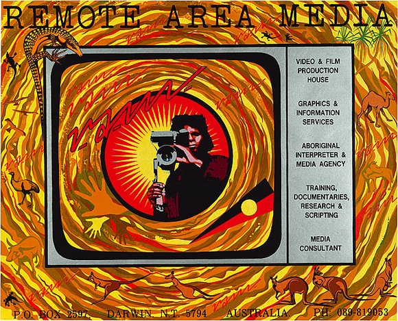 Artist: b'REDBACK GRAPHIX' | Title: b'Remote area media' | Date: 1985 | Technique: b'screenprint, printed in colour, from eight stencils' | Copyright: b'\xc2\xa9 Raymond John Young'