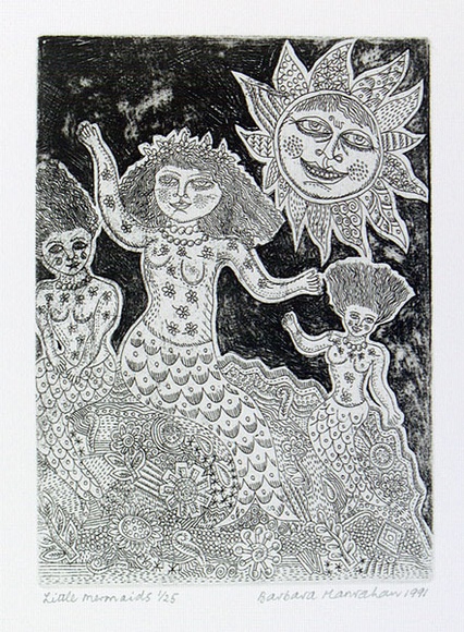 Artist: b'HANRAHAN, Barbara' | Title: b'Little mermaids' | Date: 1991 | Technique: b'drypoint and etching, printed in black, with plate-tone from one plate'