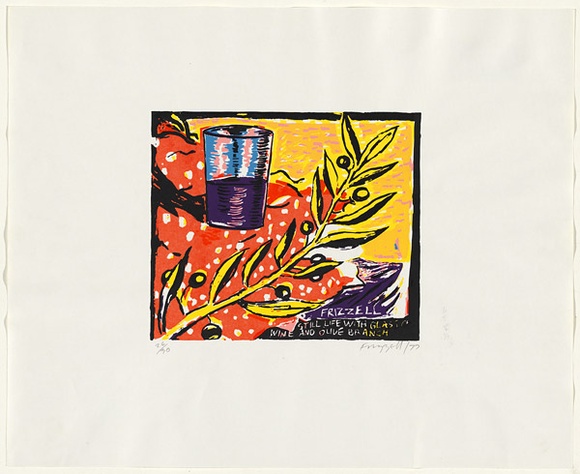 Artist: b'Frizzell, Dick.' | Title: b'Still life with glass and olive branch.' | Date: 1977 | Technique: b'screenprint, printed in colour, from multiple stencils' | Copyright: b'\xc2\xa9 Dick Frizzell'