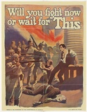 Artist: b'LINDSAY, Norman' | Title: b'Will you fight now or wait for this' | Date: 1918 | Technique: b'lithograph, printed in colour, from multiple stones'