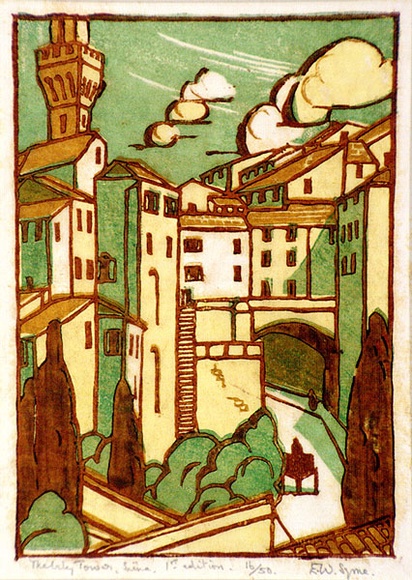 Artist: b'Syme, Eveline' | Title: b'The Lily Tower, Siena' | Date: 1930 | Technique: b'linocut, printed in colour, from four blocks (yellow, green, yellow ochre)'