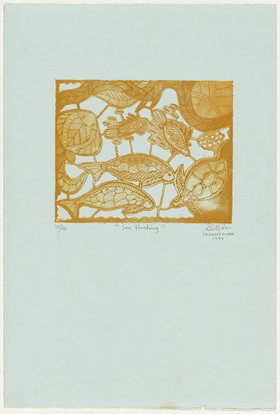 Artist: b'Hobson, Silas.' | Title: b'Sea hunting' | Date: 1997 | Technique: b'etching and aquatint, printed in yellow ochre ink, from one plate'