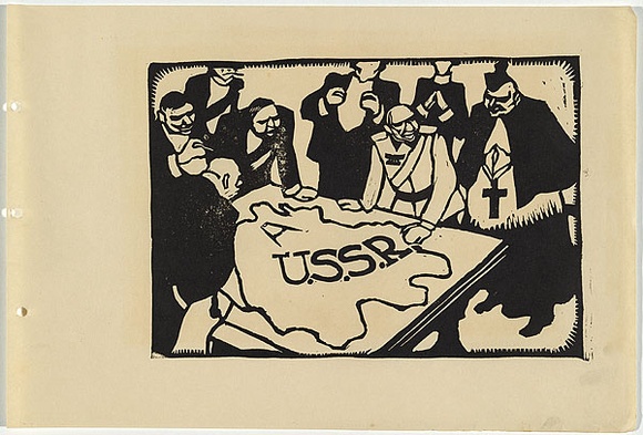 Artist: b'UNKNOWN, WORKER ARTISTS, SYDNEY, NSW' | Title: b'Not titled (meeting around USSR map).' | Date: 1933 | Technique: b'linocut, printed in black ink, from one block'