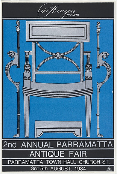 Title: b'The arrangers present 2nd annual Parramatta Antique Fair' | Date: 1984 | Technique: b'screenprint, printed in colour, from three stencils'