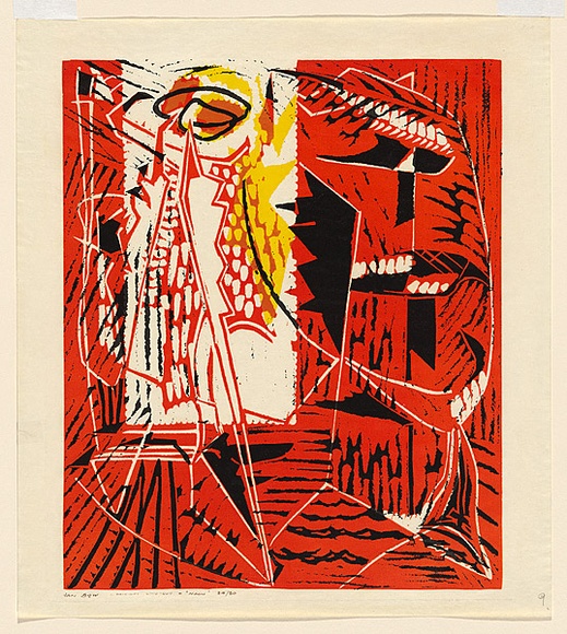 Artist: b'BOW, Ian' | Title: b'Noon.' | Date: (1953) | Technique: b'linocut, printed in colour, from three blocks'