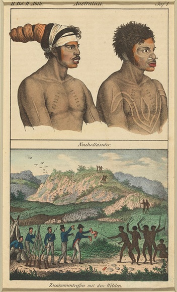 Title: b'Neuhollander/ Zusammentreffen mit den Wilden [New Hollander/ Meet with the wild ones]' | Date: 1830s | Technique: b'lithograph, printed in black ink, from one stone; hand-coloured'