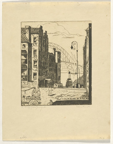 Artist: b'Berndt, Eileen.' | Title: b'The bridge from Young Street.' | Date: c.1930s | Technique: b'etching, printed in black ink, from one plate'