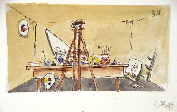 Artist: b'Gill, Justin.' | Title: b'Studio' | Date: 1995, October | Technique: b'etching, printed in black ink; hand-coloured'