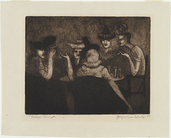 Artist: b'Hick, Jacqueline.' | Title: b'Ladies lounge' | Date: 1947 | Technique: b'aquatint and etching, printed in brown ink with plate-tone, from one plate'