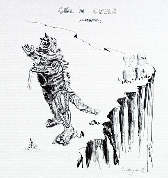 Artist: b'COLEING, Tony' | Title: b'Girl in green swimmers [on cliff].' | Date: 1984 | Technique: b'lithograph, printed in colour, from two stones [or plates]'