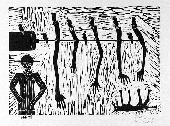 Artist: b'COLEING, Tony' | Title: b'See me.' | Date: 1983 | Technique: b'linocut, printed in black ink, from one block'