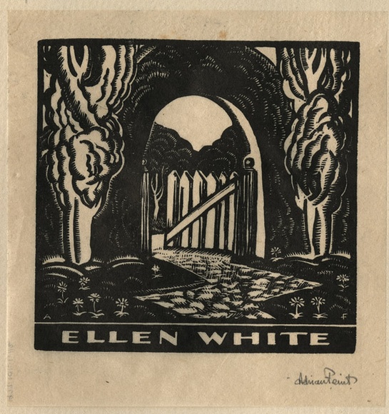 Artist: b'FEINT, Adrian' | Title: b'Bookplate: Ellen White.' | Date: (1933) | Technique: b'wood-engraving, printed in black ink, from one block' | Copyright: b'Courtesy the Estate of Adrian Feint'