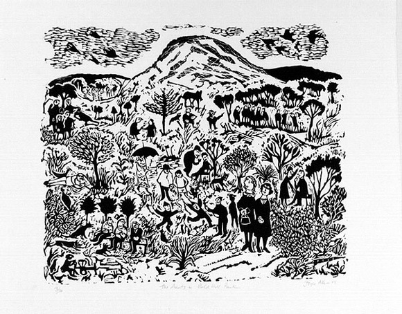 Artist: b'Allen, Joyce.' | Title: b'The aunts in Bald Hill Park.' | Date: 1985 | Technique: b'linocut, printed in black ink, from one block'