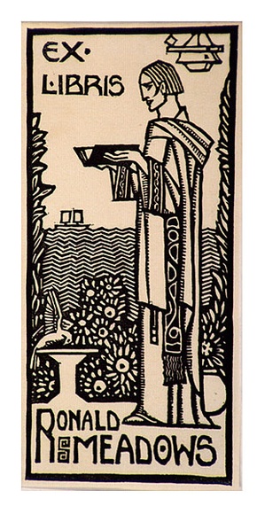 Artist: b'Waller, Christian.' | Title: b'Bookplate: Ronald Meadows' | Date: c.1932 | Technique: b'linocut, printed in black ink, from one block'