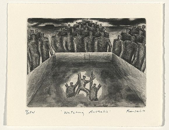 Artist: b'Fransella, Graham.' | Title: b'Watching Australia' | Date: 1999, October | Technique: b'etching, aquatint and roulette, printed in black ink, from one plate' | Copyright: b'Courtesy of the artist'