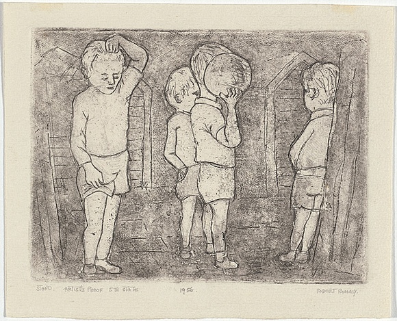 Artist: b'Rooney, Robert.' | Title: b'Stand' | Date: 1956 | Technique: b'soft-ground etching and aquatint, printed in warm black ink, from one plate' | Copyright: b'\xc2\xa9 the artist'