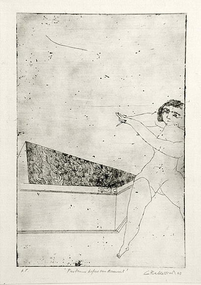 Artist: b'BALDESSIN, George' | Title: b'Performer before own monument.' | Date: 1963 | Technique: b'etching, electric engraving tool and foul biting, printed in black ink, from one plate'