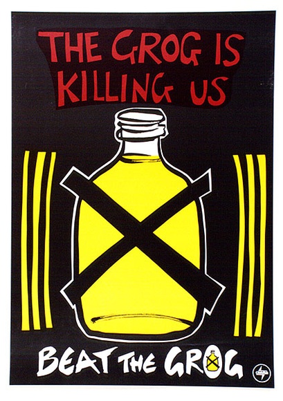 Artist: b'CAAMA' | Title: b'The grog is killing us. Beat the grog.' | Date: 1986 | Technique: b'lithograph, printed in colour, from multiple stones [or plates]'