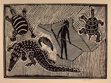 Artist: STREET, Mervyn | Title: not titled (Crocodile, bat, hunter and turtle) | Date: 1995, November | Technique: linocut, printed in black ink, from one block