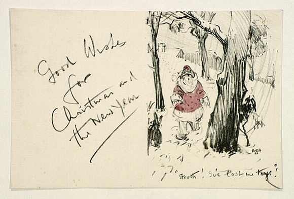 Artist: b'Herbert, Harold.' | Title: b'Greeting card: Christmas Struth! I\'ve lost me toys!' | Date: 1939 | Technique: b'lithoraph, printed in black ink, from one stone; hand-coloured'