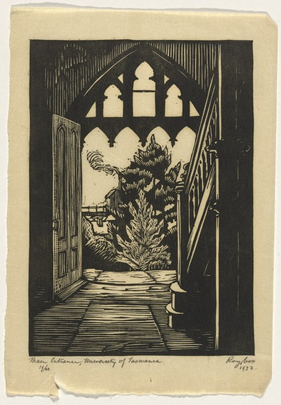 Artist: b'Cox, Roy.' | Title: b'Main entrance, University of Tasmania.' | Date: 1932 | Technique: b'linocut, printed in black ink, from one block'