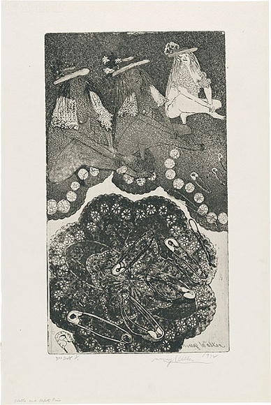 Artist: b'WALKER, Murray' | Title: b'Stella and safety pins.' | Date: 1972 | Technique: b'softground-etching and aquatint, printed in black ink, from one plate'