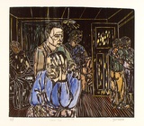 Artist: ZOFREA, Salvatore | Title: Woman dies. | Date: 1989 | Technique: woodcut, printed in black, from one block; hand-coloured | Copyright: © Salvatore Zofrea, 1989