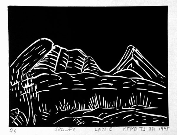 Artist: b'Namatjira, Lenie.' | Title: b'Irolpa' | Date: 1995 | Technique: b'linocut, printed in black ink, from one block'