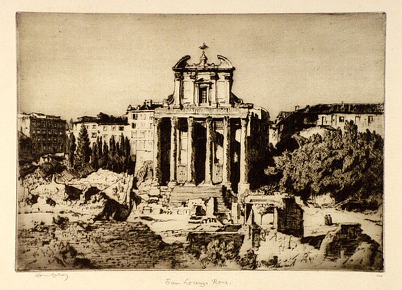 Artist: b'LINDSAY, Lionel' | Title: b'San Lorenzo in the Forum, Rome' | Date: 1928 | Technique: b'drypoint, printed in brown ink with plate-tone, from one plate' | Copyright: b'Courtesy of the National Library of Australia'