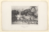 Artist: Sainson, Louis de. | Title: Incendie des cabanes du Chef Tahofa, sur l'ile Onéata. (Tonga-Tabou). (Burning of the huts of Chief Tahofa on the island of Onéata (Tonga-Tabou)) | Date: 1833 | Technique: lithograph, printed in black ink, from one stone