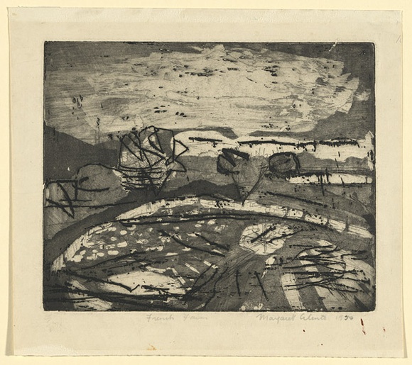 Artist: b'Cilento, Margaret.' | Title: b'French farm.' | Date: 1950 | Technique: b'aquatint, softground-etching, printed in black ink, from one plate'