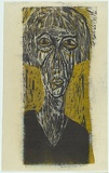 Artist: b'HANRAHAN, Barbara' | Title: b'not titled [portrait of a woman in green].' | Date: 1962 | Technique: b'woodcut, printed in colour, from two blocks'