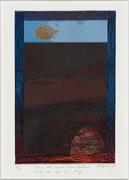 Artist: b'Green, Kaye.' | Title: b'Hear the wind blow shadows and the eye of a day' | Date: 1996 | Technique: b'linocut, printed in colour, from multiple bocks; with collage and embossing'