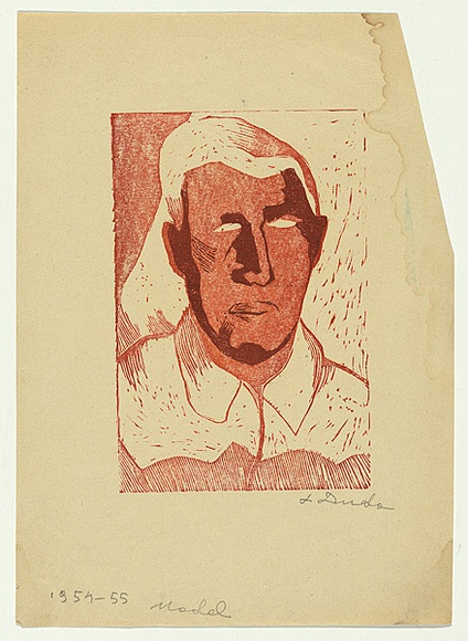 Artist: b'Groblicka, Lidia.' | Title: b'Model [portrait of a man].' | Date: 1954-55 | Technique: b'woodcut, printed in colour, from multiple blocks'