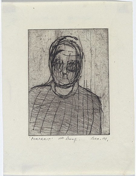 Artist: b'MADDOCK, Bea' | Title: b'Portrait (self when old)' | Date: 1960 | Technique: b'drypoint, printed in black ink, from one reused copper plate'