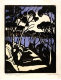 Artist: b'PRESTON, Margaret' | Title: b'Harbour foreshore.' | Date: 1925 | Technique: b'woodcut, printed in black ink, from one block; hand-coloured' | Copyright: b'\xc2\xa9 Margaret Preston. Licensed by VISCOPY, Australia'