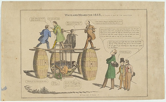 Artist: b'Winstanley, Edward W.' | Title: b'Ways and means for 1845 or taking it out of the squatters.' | Date: 1845 | Technique: b'lithograph, printed in black ink, from one stone; hand-coloured'