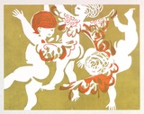 Artist: b'Stringer, John.' | Title: b'Card: (three putti).' | Date: (1962) | Technique: b'linocut, printed in colour, from multiple blocks'