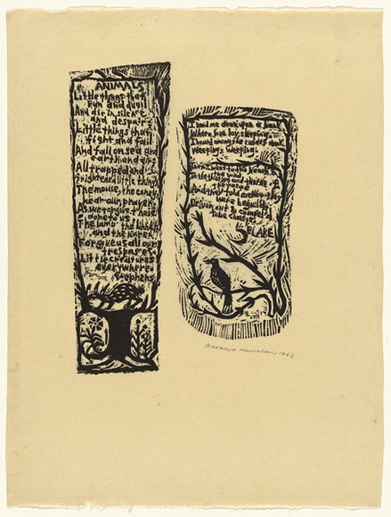 Artist: b'HANRAHAN, Barbara' | Title: b'Animals' | Date: 1962 | Technique: b'linocut, printed in black ink, from two blocks'